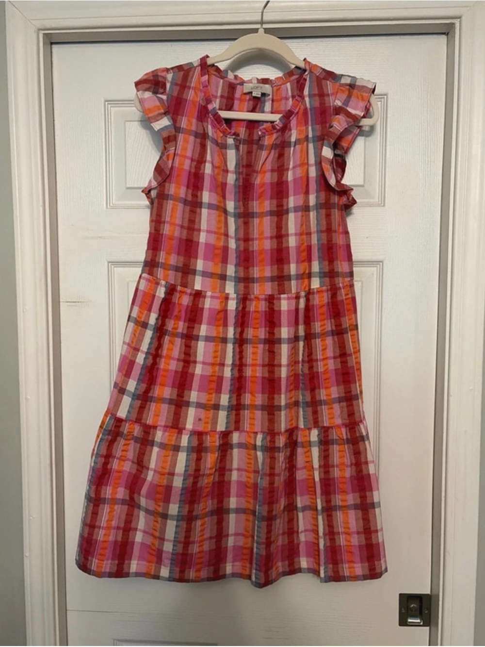 LOFT Women’s  Pink Plaid Ruffle Sleeve Dress